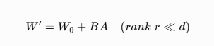 [
W' = W_0 + BA \quad (rank\ r \ll d)
]