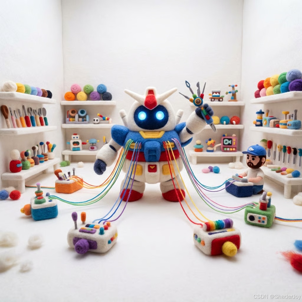 站在中心，手中的魔杖发出彩色的纱线，连接了之前所有的站点（积木、卷轴、盾牌等