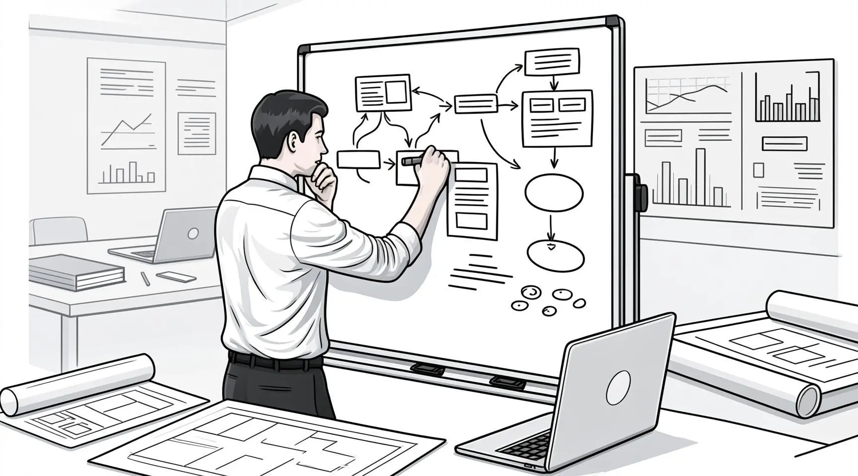 [图3：环境设计师工作图 - 面对白板、架构图、仪表盘，没有键盘]