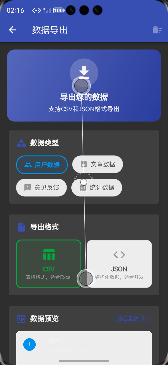 格式选择：CSV 和 JSON 两种格式可选，附带格式说明