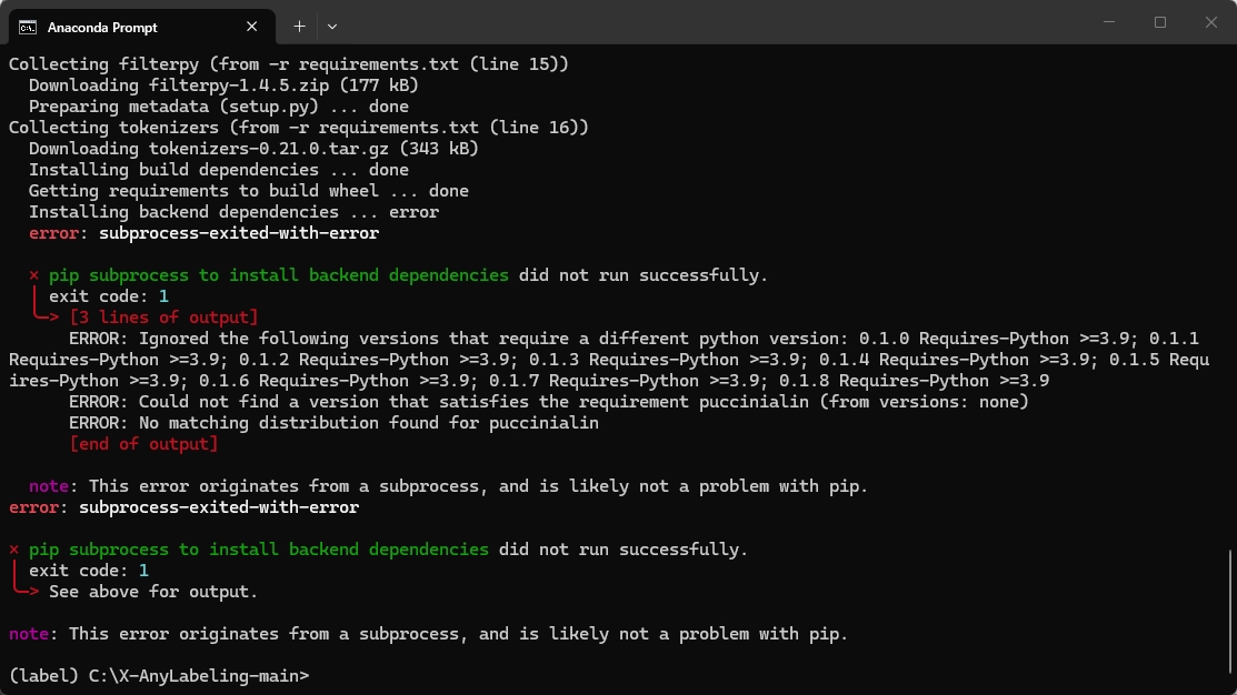pip subprocess to install backend dependencies did not run successfully ...