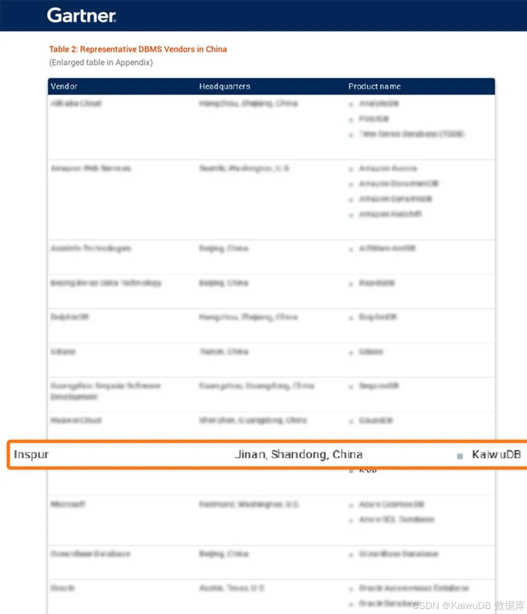 Gartner - 中国 DBMS 代表厂商（部分）