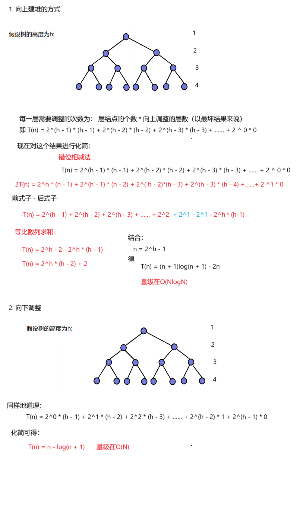分析向上建堆和向下建堆的时间复杂度