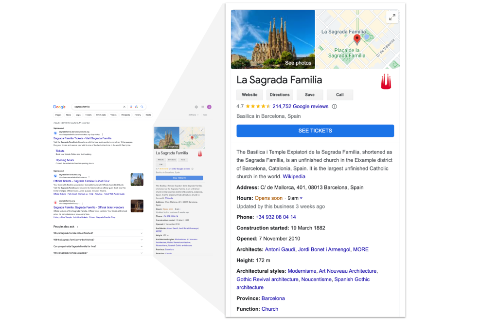 谷歌知识面板上的圣家堂图片、地图、描述、地址、开放时间、建造它的建筑师、高度等等。