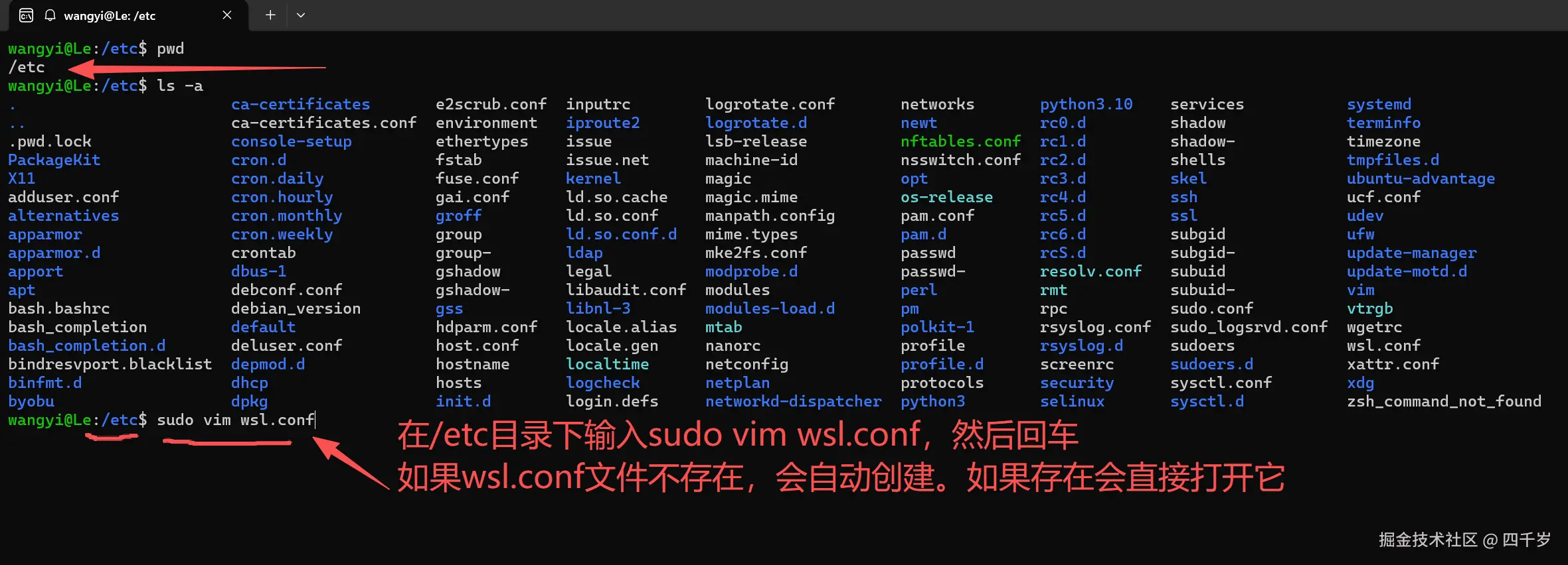 在etc目录下用vim命令编辑wsl.conf文件