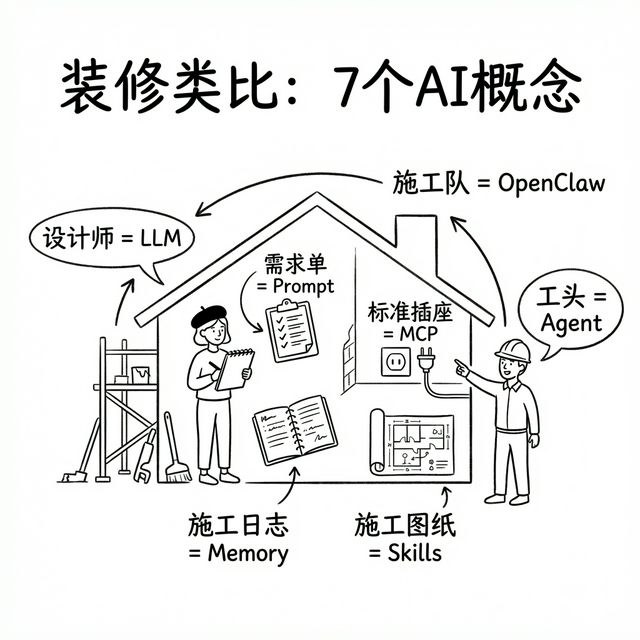 装修类比：7 个 AI 概念在同一工作流中的分工