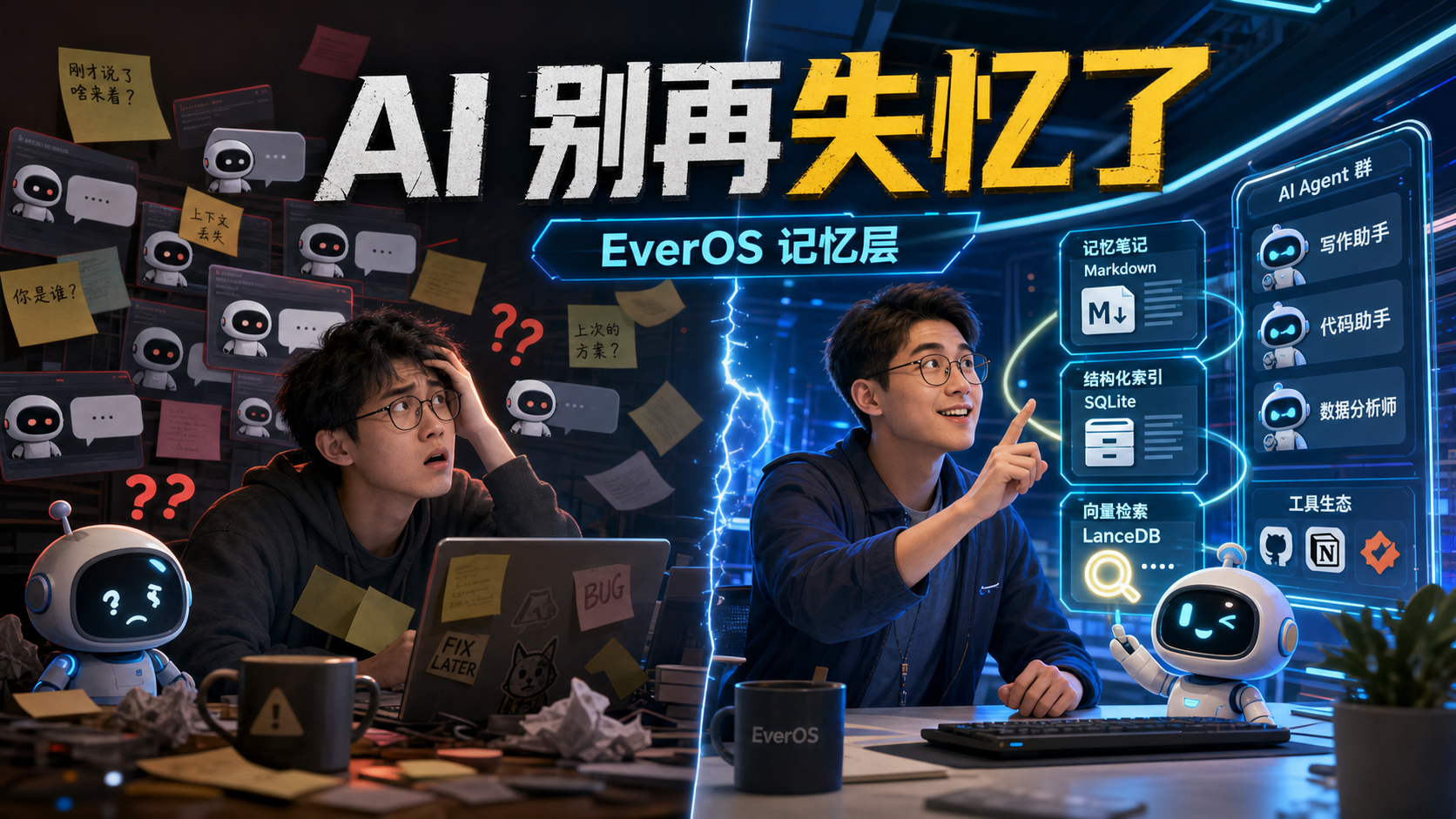 场景创作封面:AI 失忆与 EverOS 记忆层