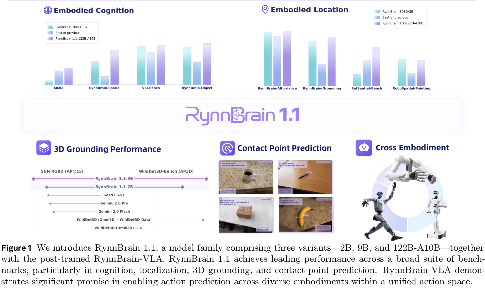 图 1：RynnBrain 1.1 的能力总览，覆盖具身认知、定位、3D grounding、接触点预测与跨本体动作。