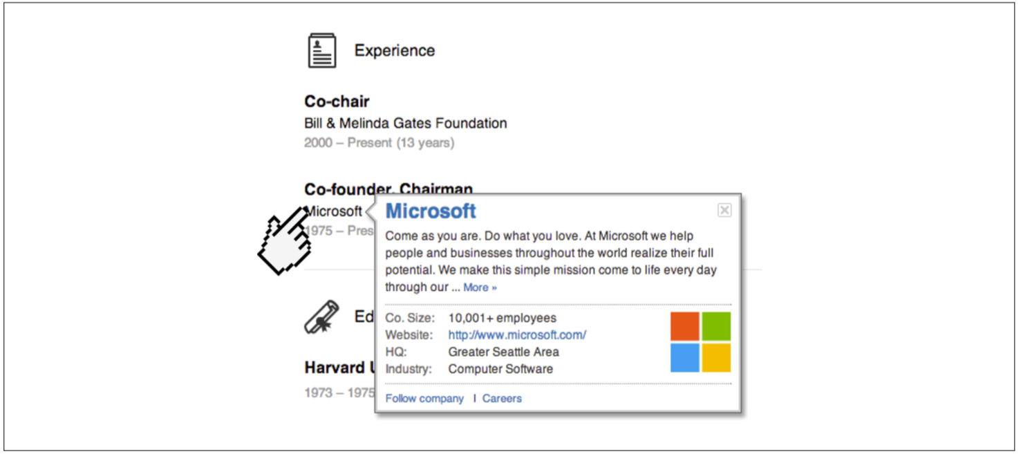 图2-3 公司名不不仅是字符串串,还是⼀一个指向公司实体的链接(LinkedIn截图)