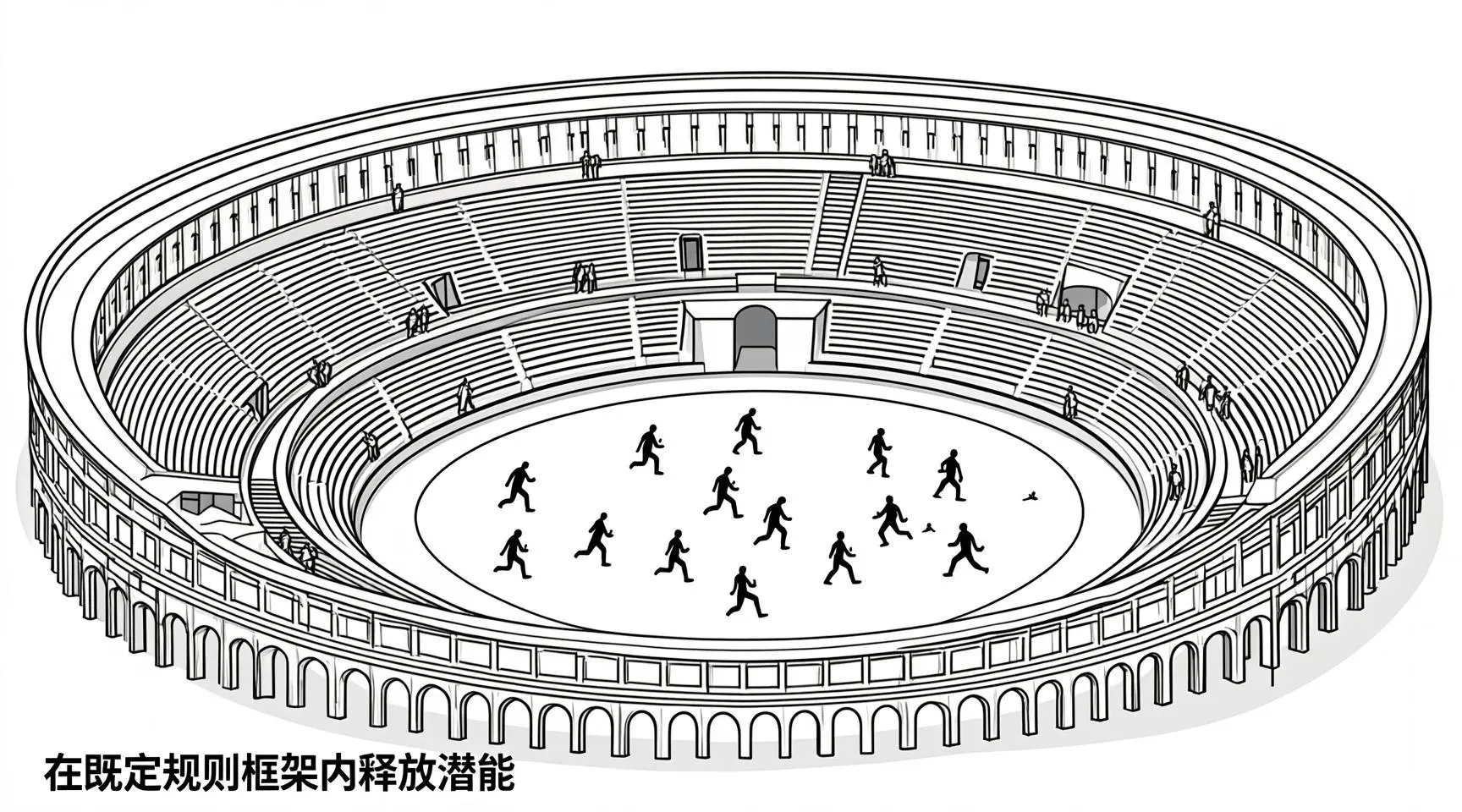 [图1：角斗场比喻图 - 智能体在角斗场内自由竞技，人类在观众席上观察和裁决，边界清晰]