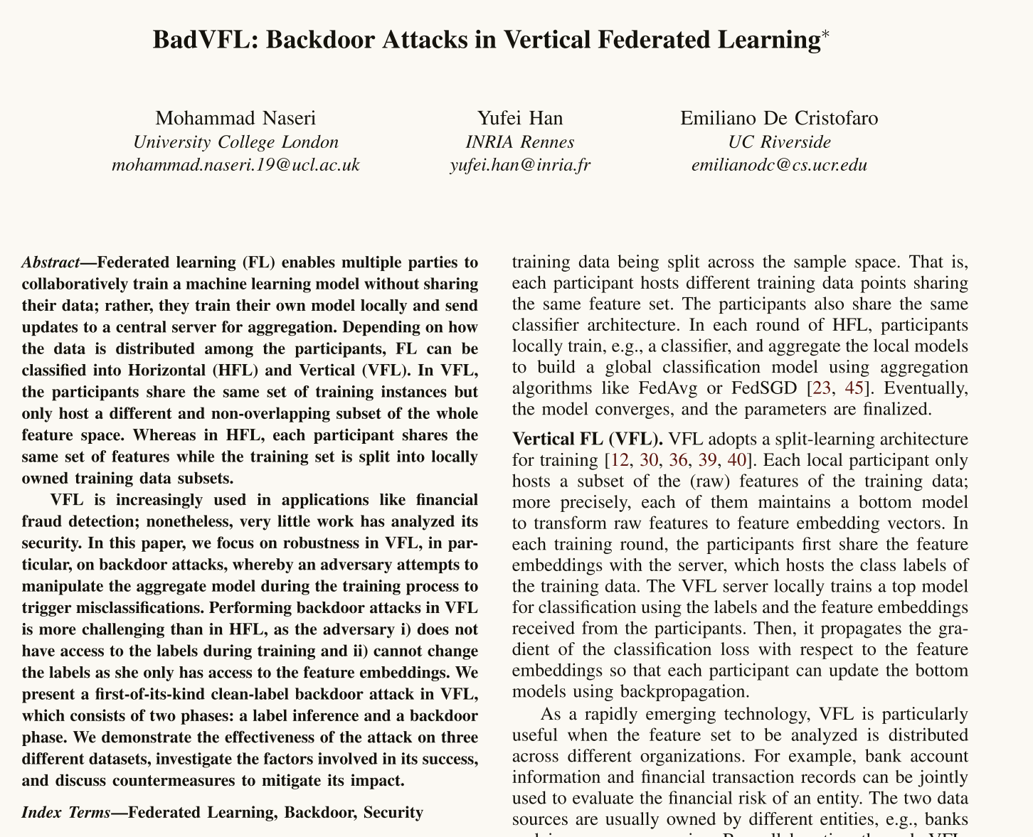 《BadVFL: Backdoor Attacks in Vertical Federated Learning》 论文阅读 （from ...