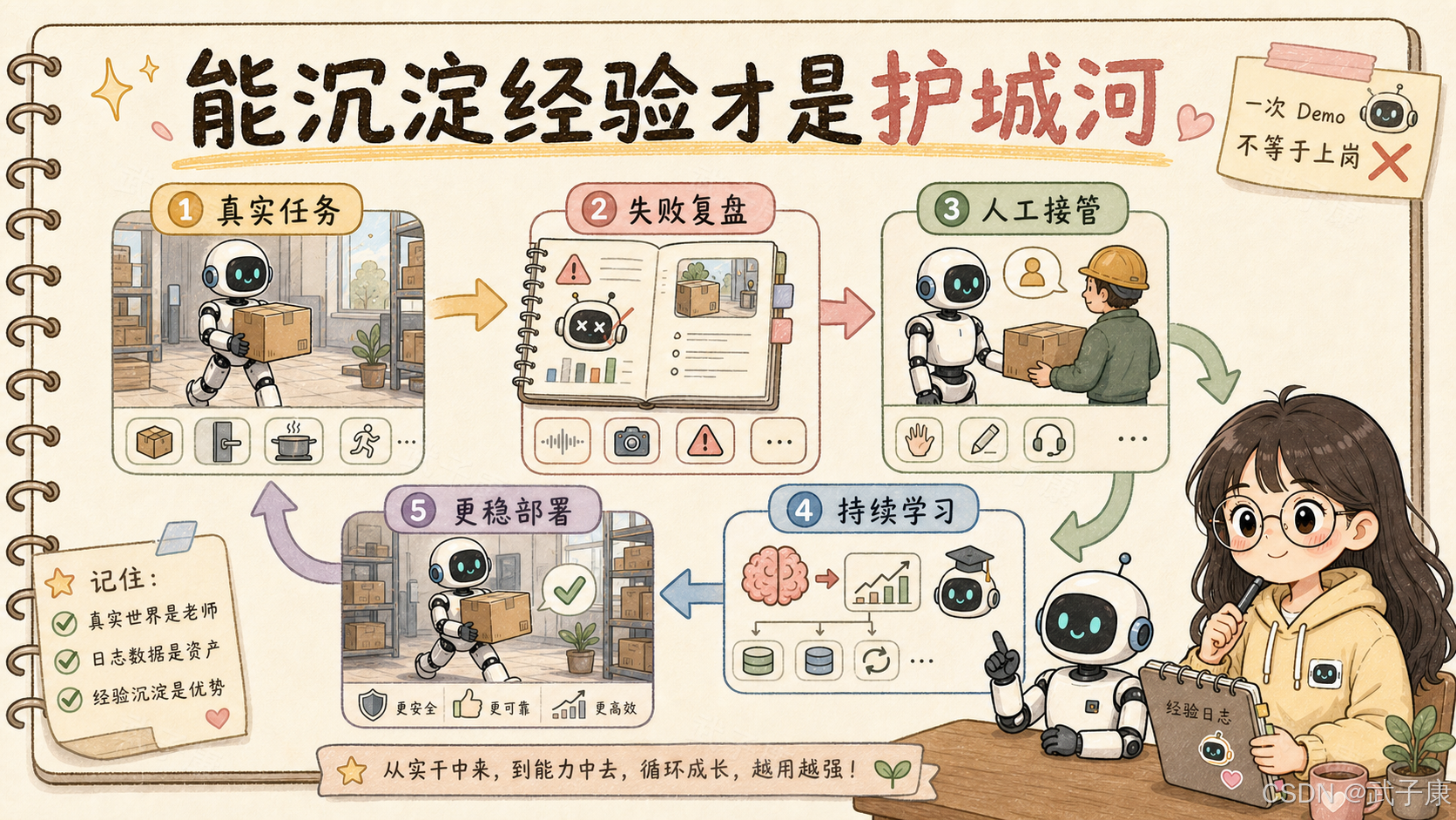 手绘笔记本风格信息图《能沉淀经验才是护城河》:右上角红色便利贴"一次 Demo 不等于上岗";中间五步流程 ① 真实任务 → ② 失败复盘 → ③ 人工接管 → ④ 持续学习 → ⑤ 更稳部署;左下角三句金句"真实世界是老师 / 日志数据是资产 / 经验沉淀是优势";右下角一位戴眼镜的黄色卫衣女孩坐在"经验日志"夹板前,旁边白色机器人指着上方;底部横幅"从实干中来,到能力中去,循环成长,越用越强!"