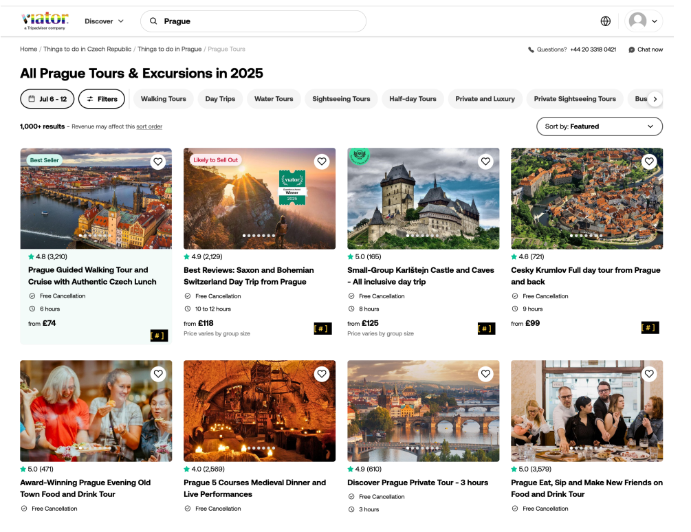 Grid representation of search results on Viator