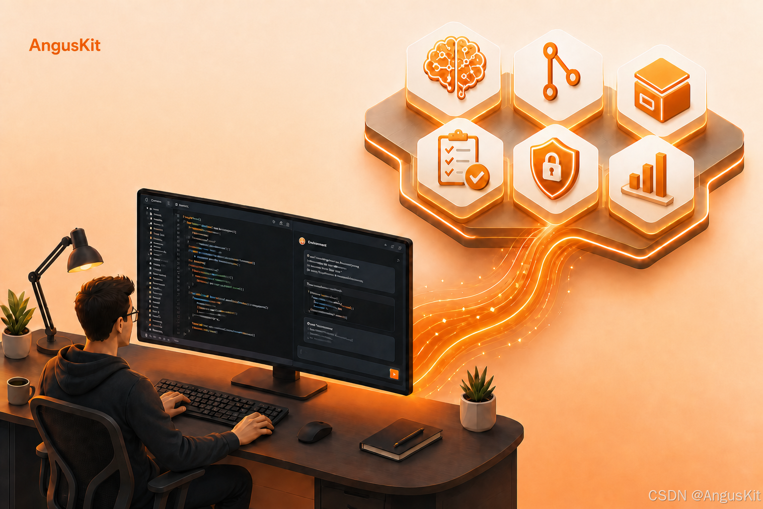 在 Cursor 里写代码，经 MCP 接到 AngusKit 六个产品：智能体、Git、制品、测试、安全、分析
