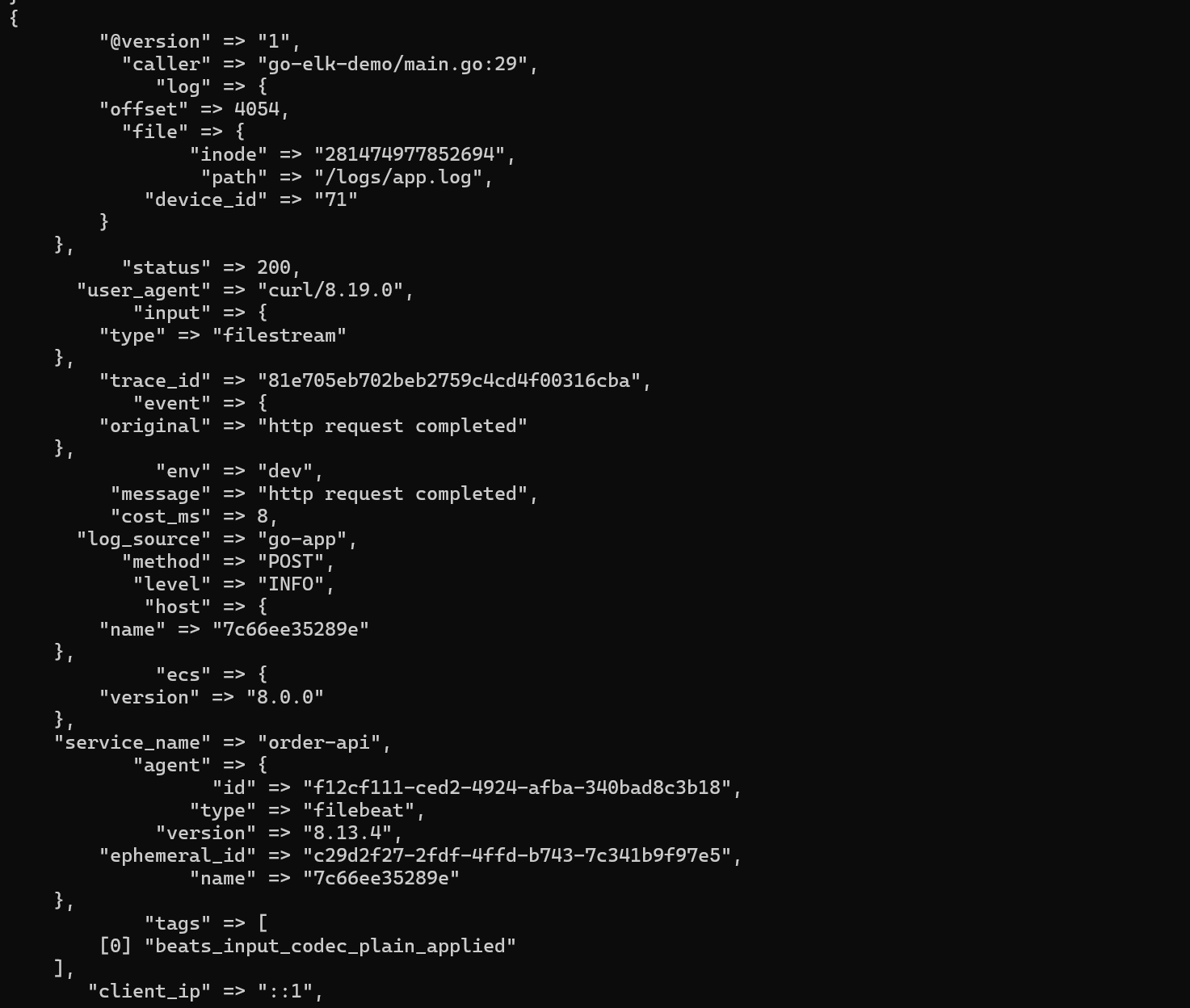 Logstash rubydebug 输出截图：控制台打印一条 Go 应用日志事件，字段包括 service_name、trace_id、level、message、path、status、cost_ms、log_source