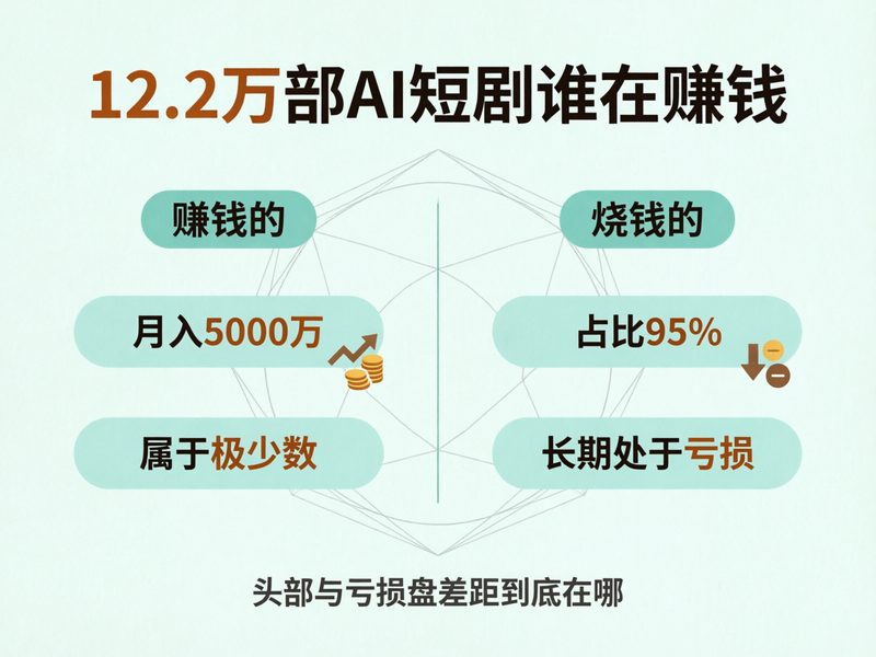 12.2万部AI短剧里95%的亏损盘与月入5000万的头部并存，头部与尾部的差距是结构性的。