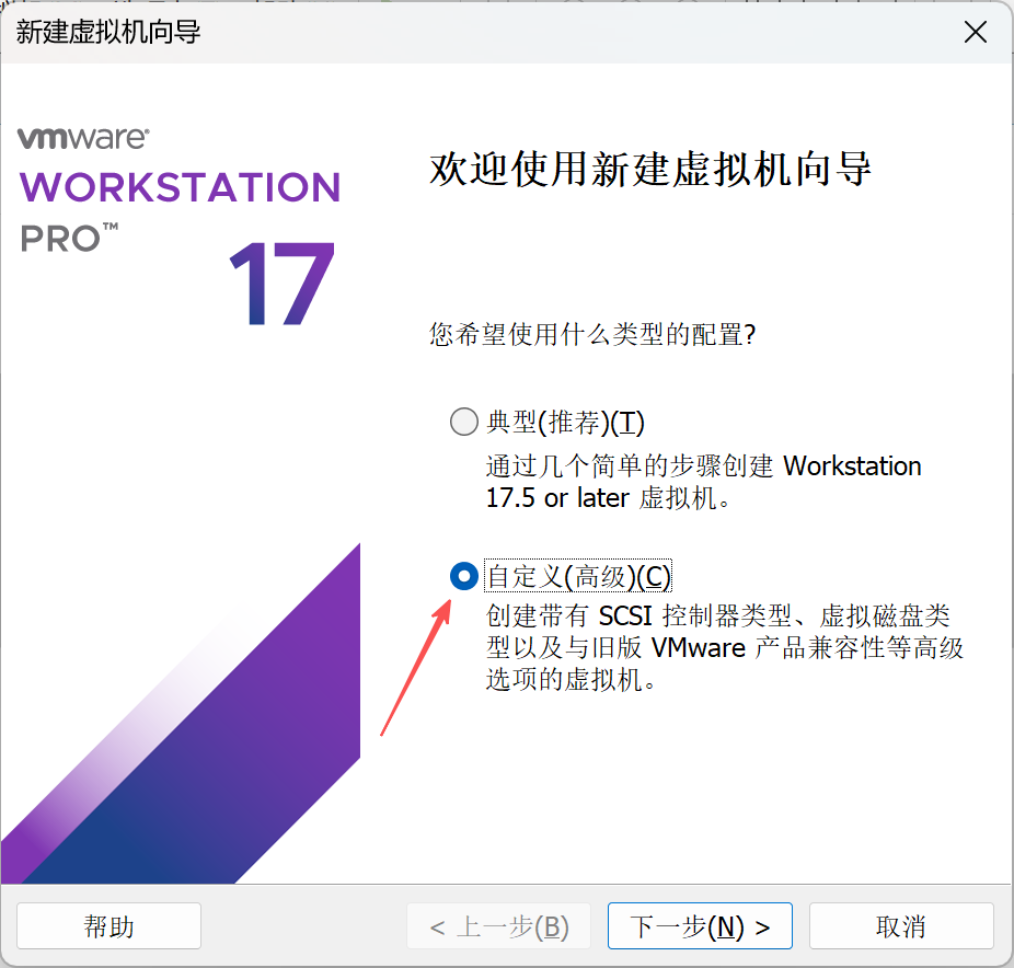 虚拟机配置类型选择界面，选择自定义安装选项