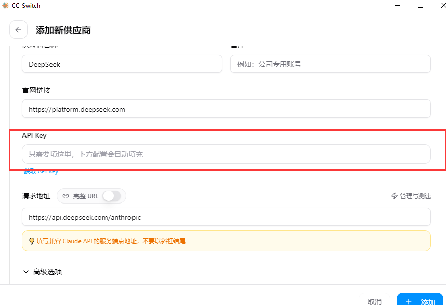 API Key 配置界面