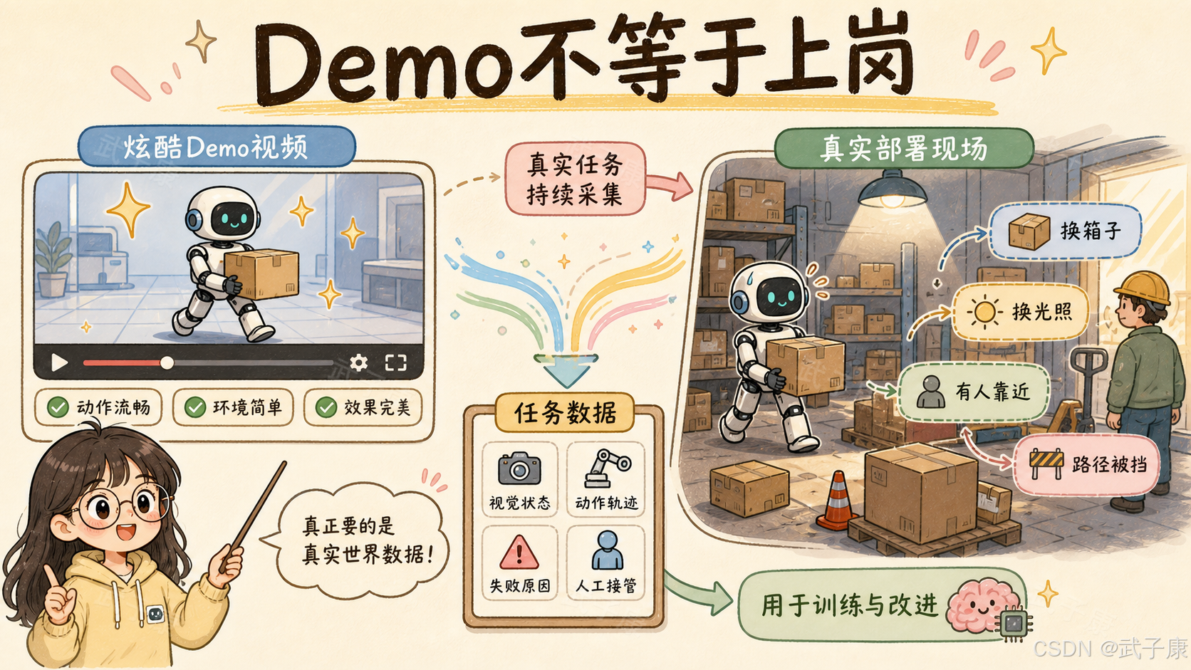 手绘信息图《Demo 不等于上岗》:左边"炫酷 Demo 视频"画面一个微笑机器人在闪光的整洁房间里搬箱子,列点:动作流畅、环境简单、效果完美;中间"持续采集真实任务"展示一个漏斗收口到四种任务数据「视觉状态 / 动作轨迹 / 失败原因 / 人工接管」;右边"真实部署现场"画面一个出汗的机器人面对混乱仓库、工人、路锥和障碍,对应问题:换箱子、换光照、有人靠近、路径被挡;底部脑+芯片图标配文"用于训练与改进"