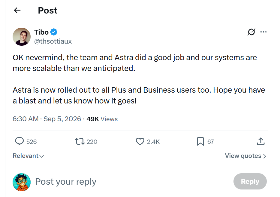 Tibo 的帖子截图：称 Astra 已向所有 Plus 和 Business 用户开放