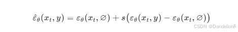 [
\hat{\varepsilon}_\theta(x_t, y) = \varepsilon_\theta(x_t, \varnothing) + s \bigl(\varepsilon_\theta(x_t, y) - \varepsilon_\theta(x_t, \varnothing)\bigr)
]