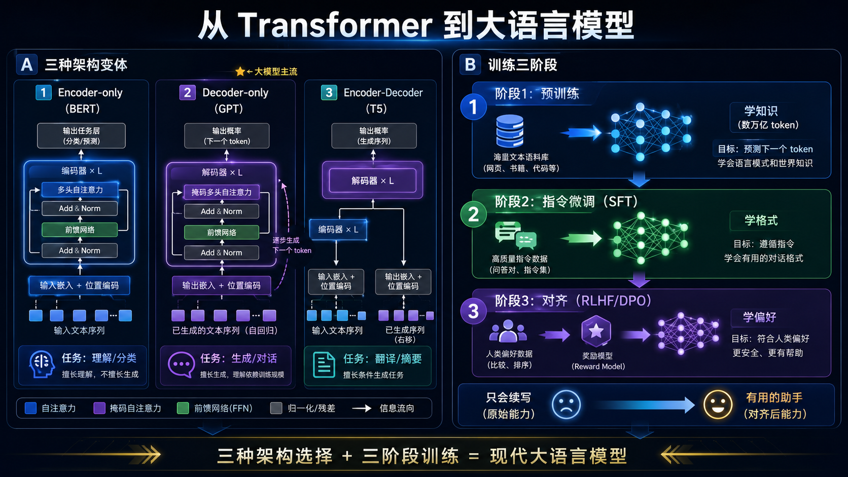 从 Transformer 到 LLM：三种架构变体（Encoder-only/Decoder-only/Encoder-Decoder）和训练三阶段流程