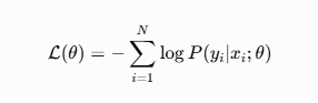 [
\mathcal{L}(\theta) = -\sum_{i=1}^{N} \log P(y_i | x_i; \theta)
]