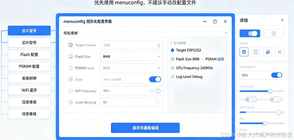 **【配图4：menuconfig 图形化配置主界面】**
**配图成品描述（可直接插图）**：还原EIM-GUI一键打开的menuconfig可视化配置界面，高亮标注6大新手核心配置区域：芯片选型、Flash/PSRAM配置、系统主频、WiFi/蓝牙开关、日志等级、任务堆栈，界面简洁，重点突出，直观展示正确的图形化配置方式，规避手动改配置文件的坑。