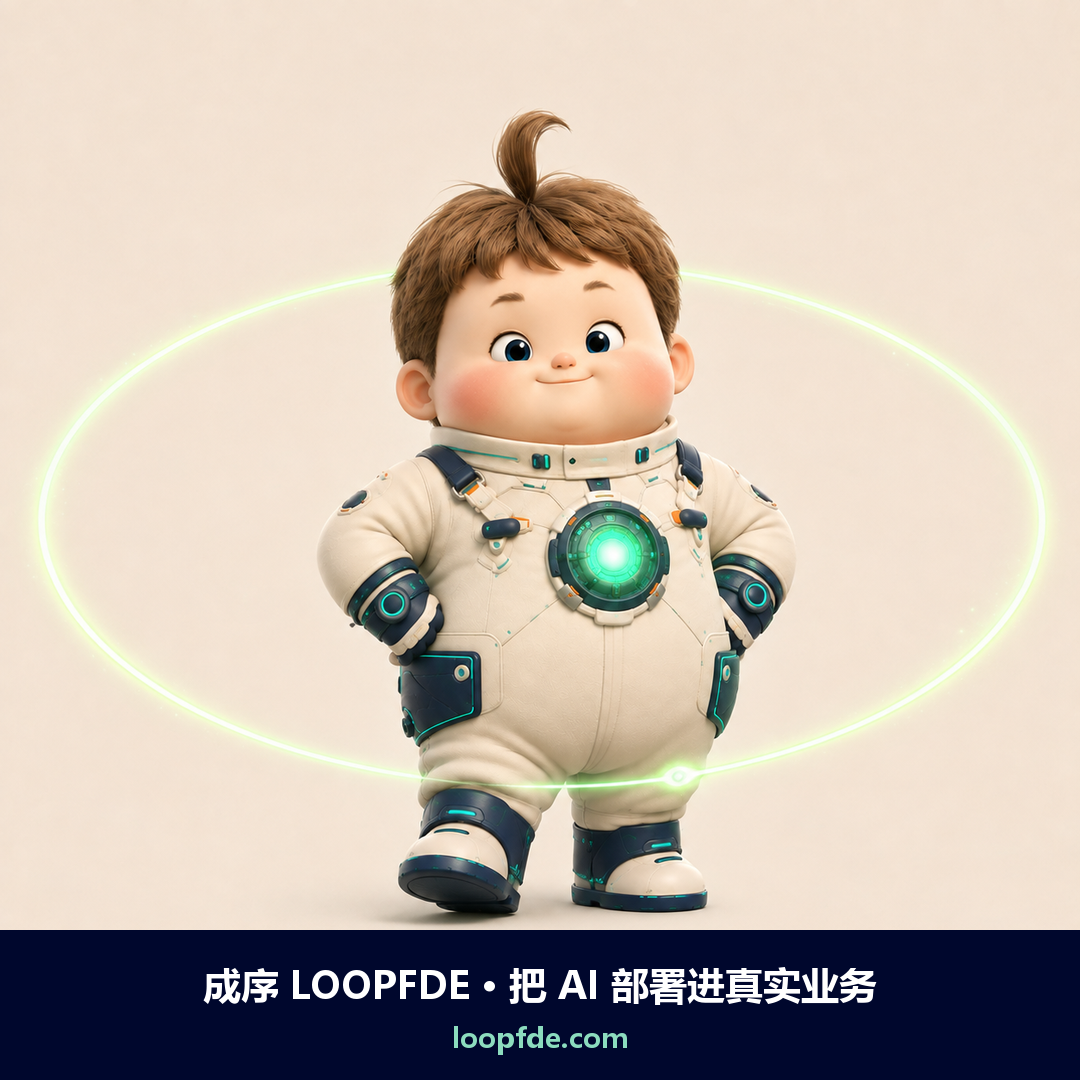 成序 LOOPFDE 品牌形象小序，头顶部署环亮起信号绿光圈