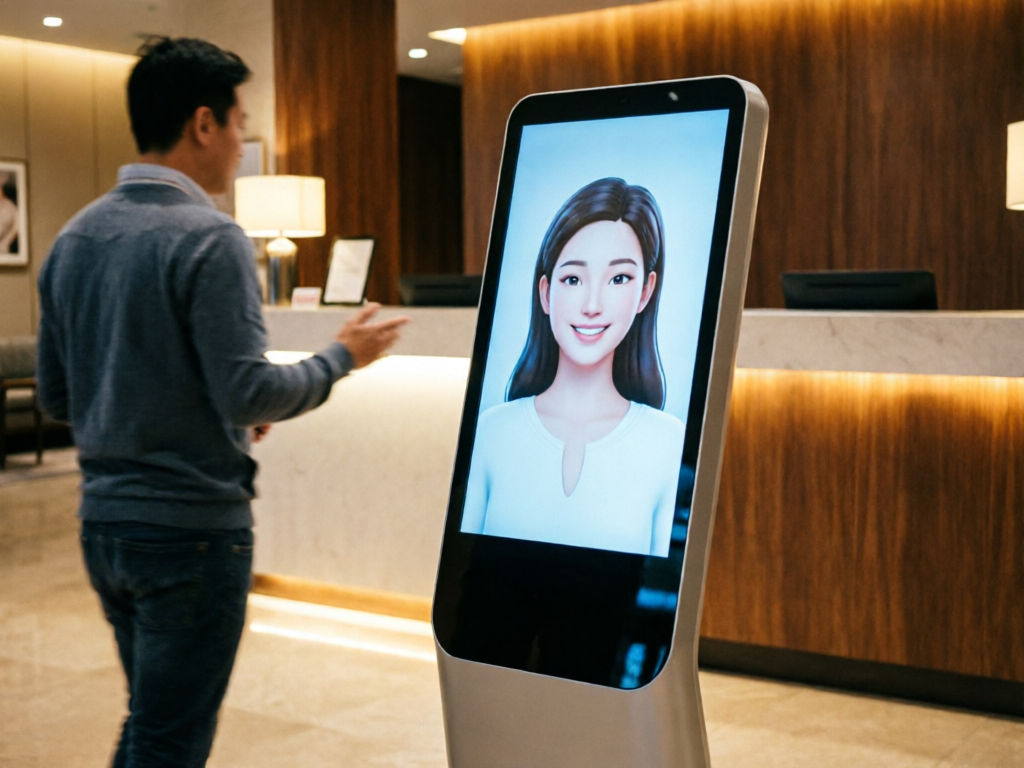 AI 数字人一体机在酒店大堂接待客人，屏幕里是温柔女声数字人