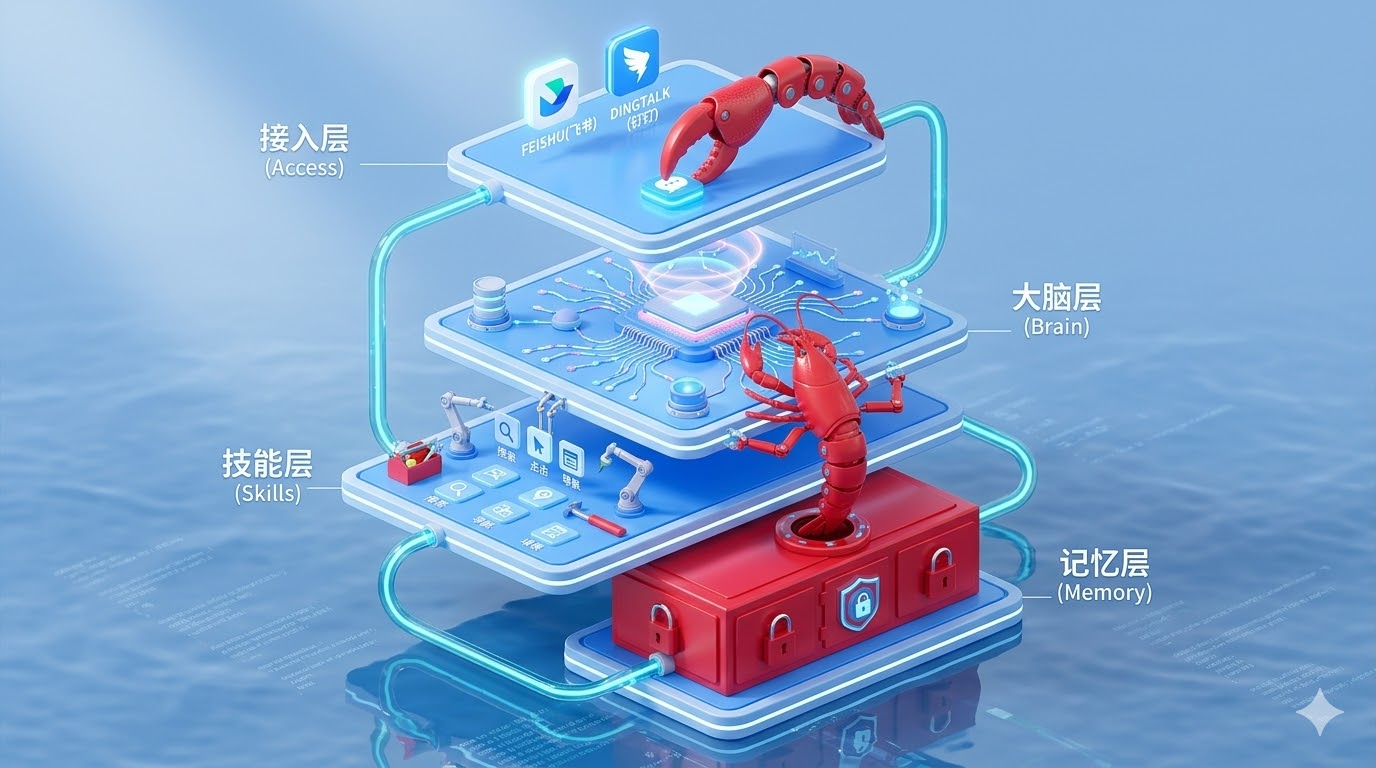 OpenClaw 数字化工作流：从接入层到大脑层推理，再由技能层执行，最终沉淀于记忆层。