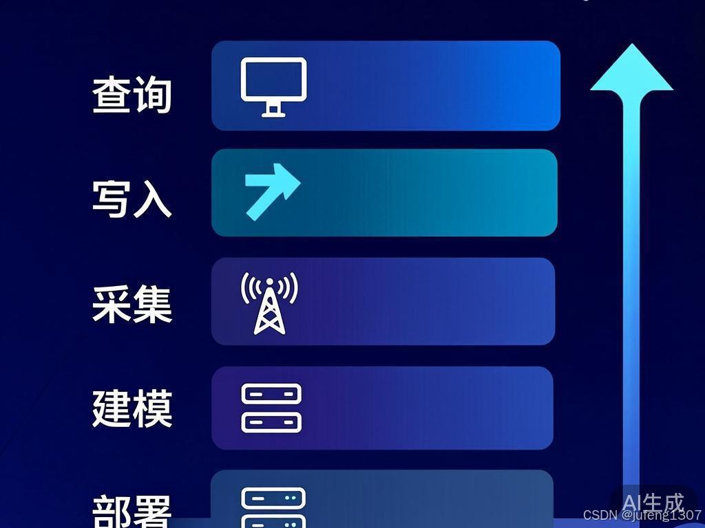 信息图：五层架构图，部署/建模/数据入口/写入/查询展示，数据流箭头