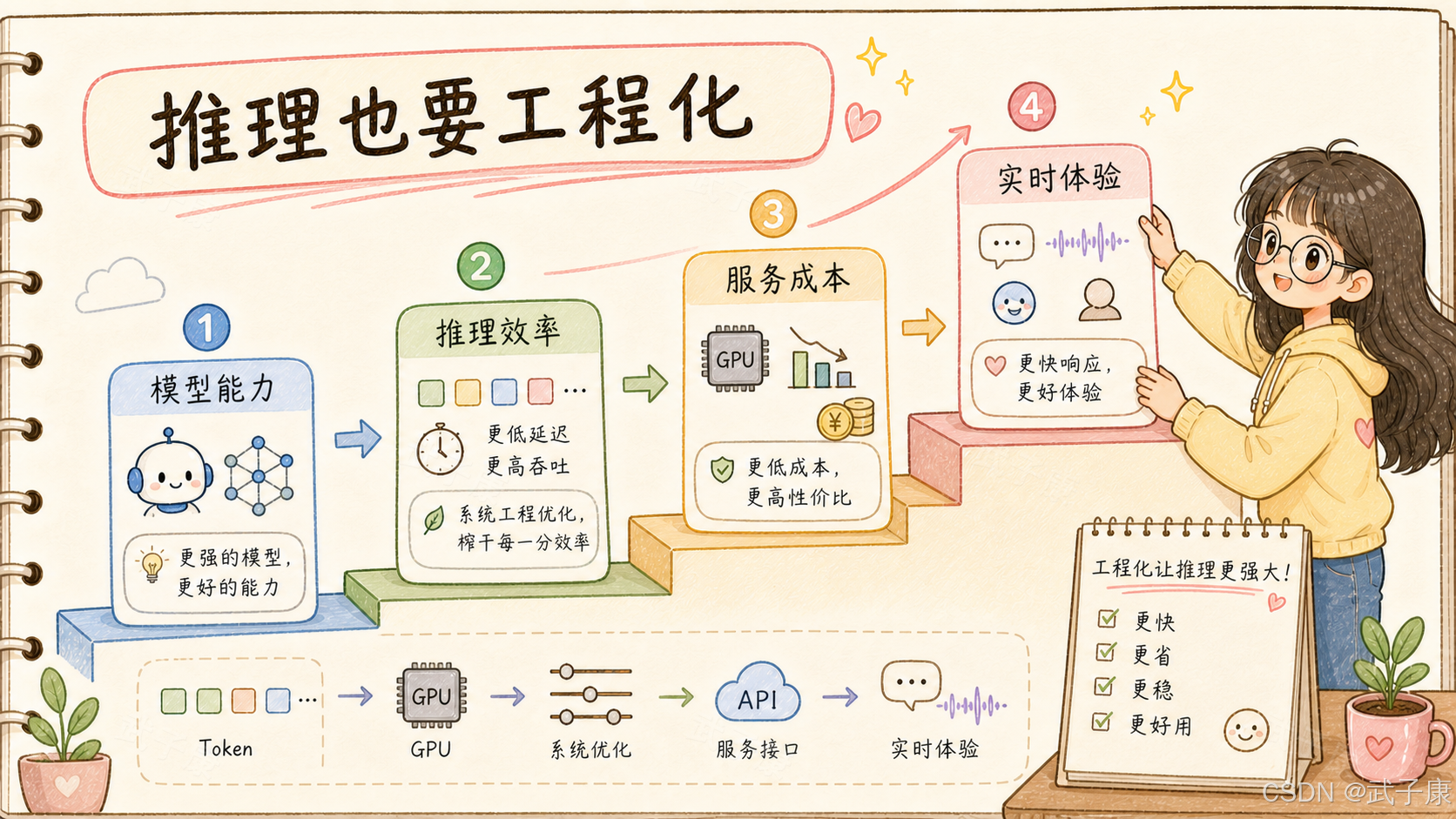「推理也要工程化」总结图：四层阶梯式演进——① 模型能力（机器人/神经网络图标，更强的模型）、② 推理效率（调色板/秒表图标，更低延迟、更高吞吐，系统工程优化榨干每一分效率）、③ 服务成本（GPU 芯片/下降柱状图/金币图标，更低成本、更高性价比）、④ 实时体验（语音波形/用户头像/聊天气泡图标，更快响应、更好体验）；底部流水线 Token → GPU → 系统优化 → API → 实时体验；右侧工程师女孩举着「工程化让推理更强大」清单：更快 / 更省 / 更稳 / 更好用