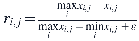 r_{i,j}=\frac{\max_i x_{i,j}-x_{i,j}}{\max_i x_{i,j}-\min_i x_{i,j}+\varepsilon}