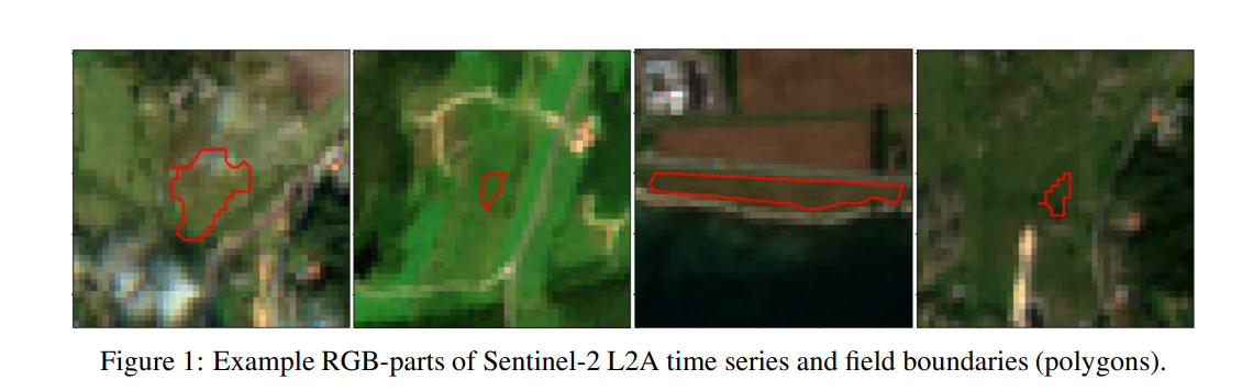 Example RGB-parts of Sentinel-2 L2A time series and field boundaries (polygons)