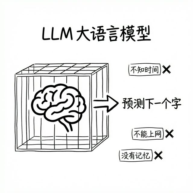 LLM 大语言模型：能生成文本，但默认不联网、无外部操作能力、无长期记忆
