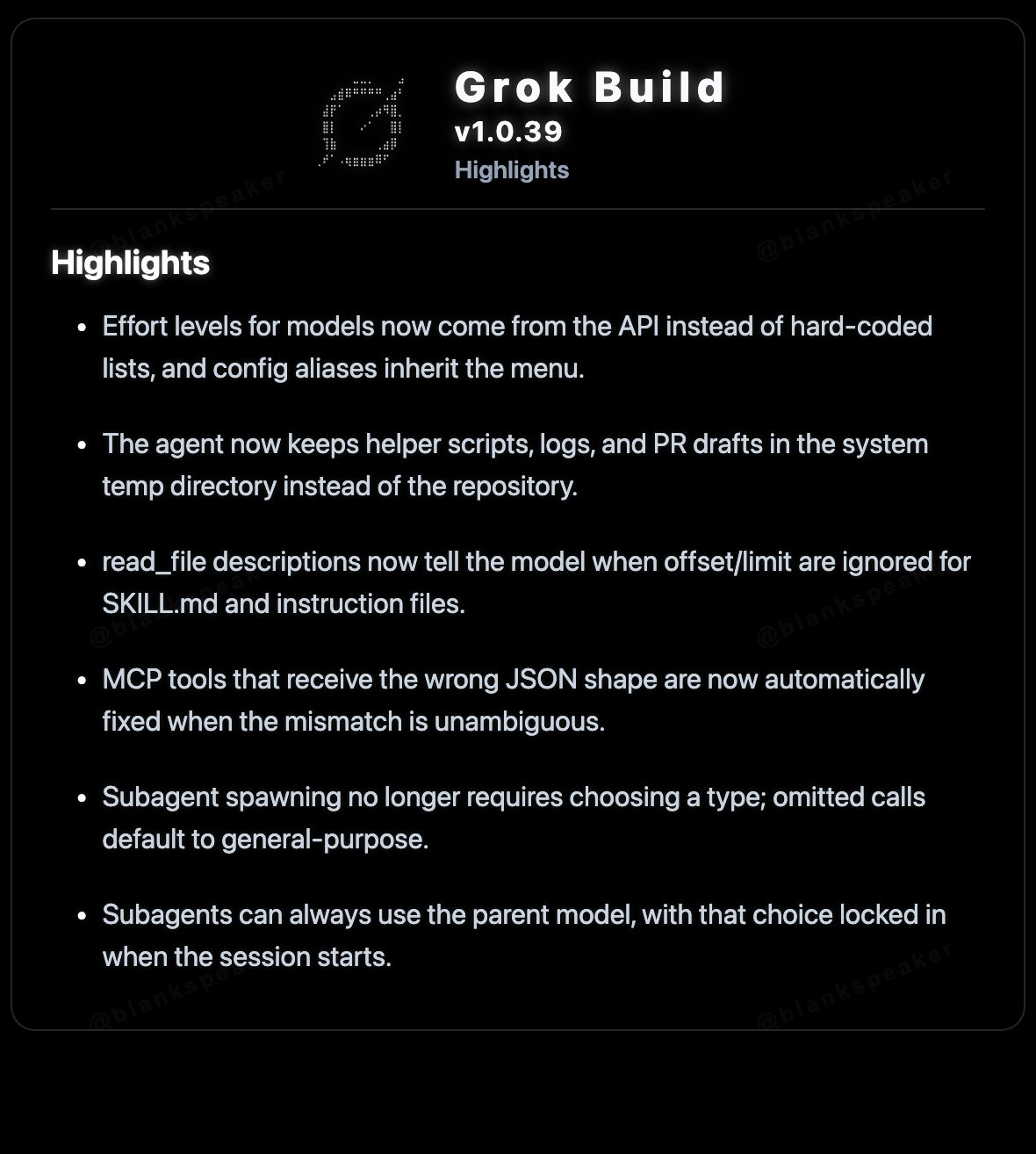 Grok Build v1.0.39 发布：子智能体可锁定父模型