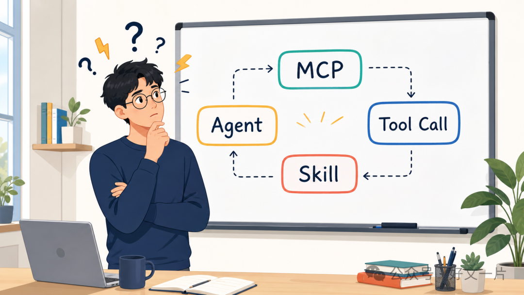 一个人站在写满 MCP / Tool Call / Skill / Agent 的白板前，头顶有问号和小闪电。