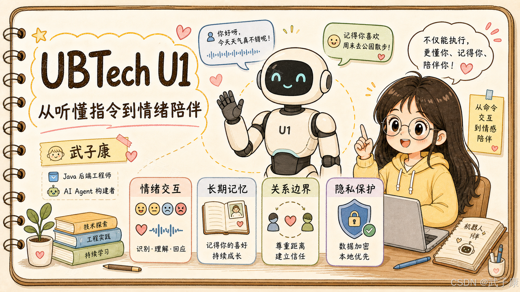 UBTech U1 从听懂指令到情绪陪伴：白色 U1 机器人与戴眼镜黄色卫衣女孩 + 情绪交互 / 长期记忆 / 关系边界 / 隐私保护四张功能卡
