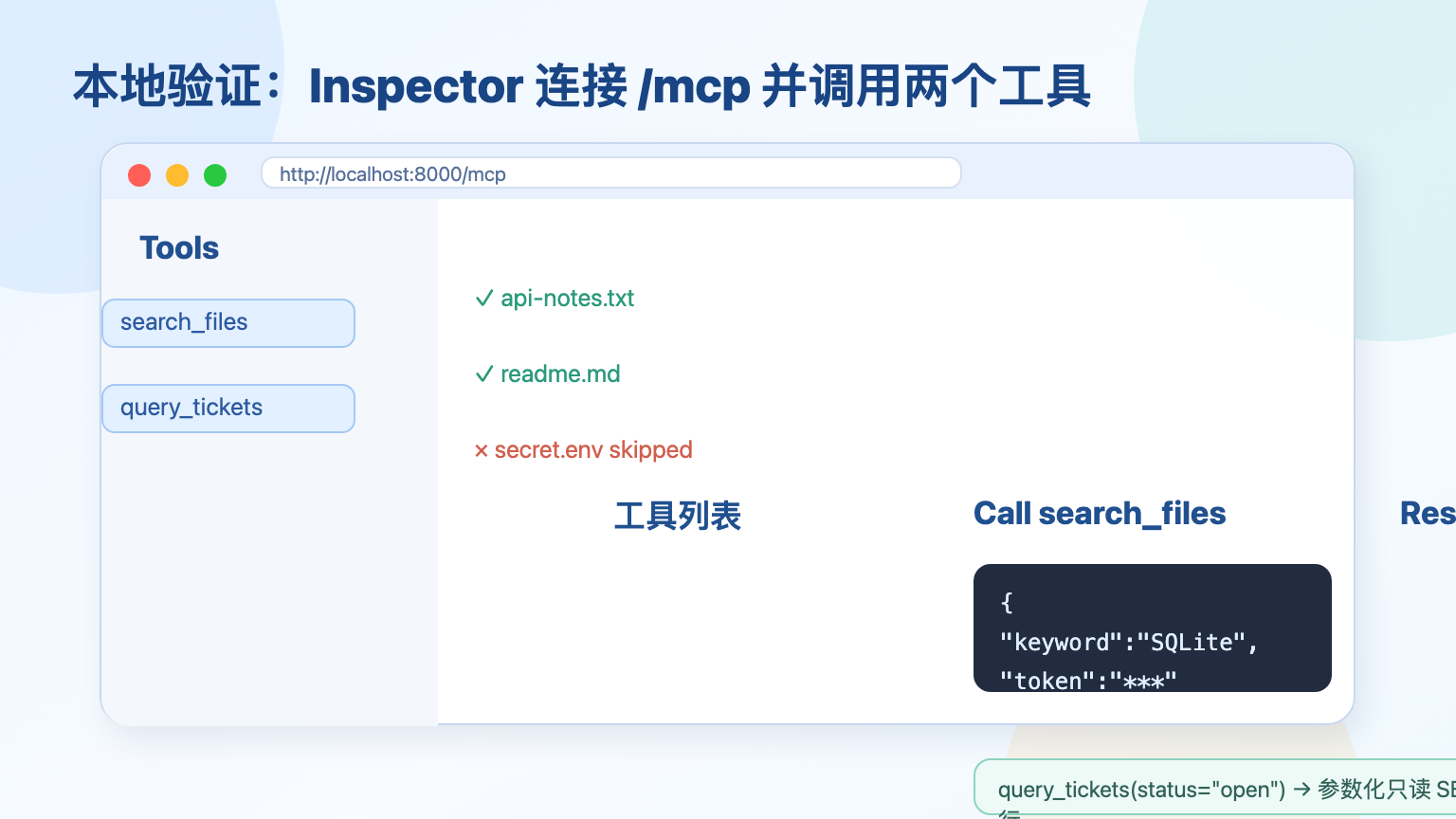 MCP Inspector 连接本地服务并看到两个工具的界面示意图