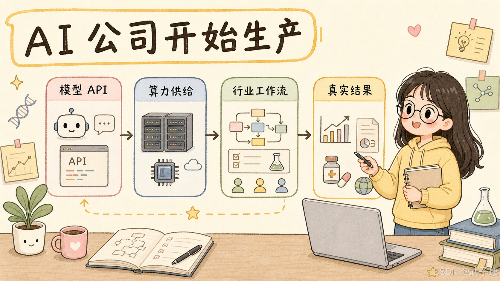 手绘「AI 公司开始生产」：四阶段流程 API → 算力供给 → 行业工作流 → 真实结果（条形上升 + 文档 + 药瓶 + 地球）
