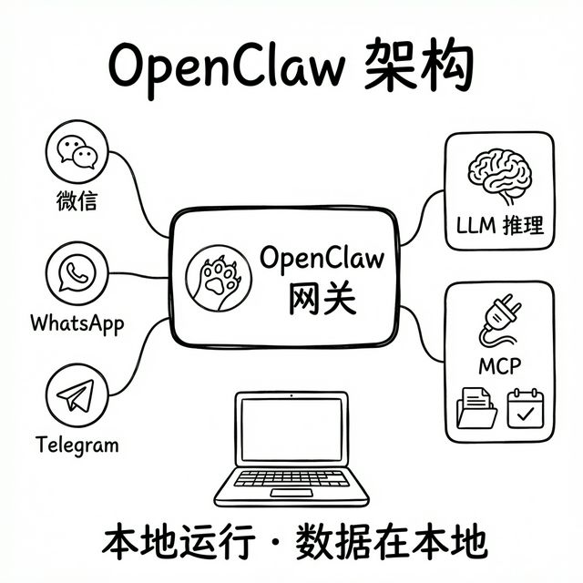 OpenClaw 架构：消息入口 + LLM 推理 + MCP 工具，本地执行