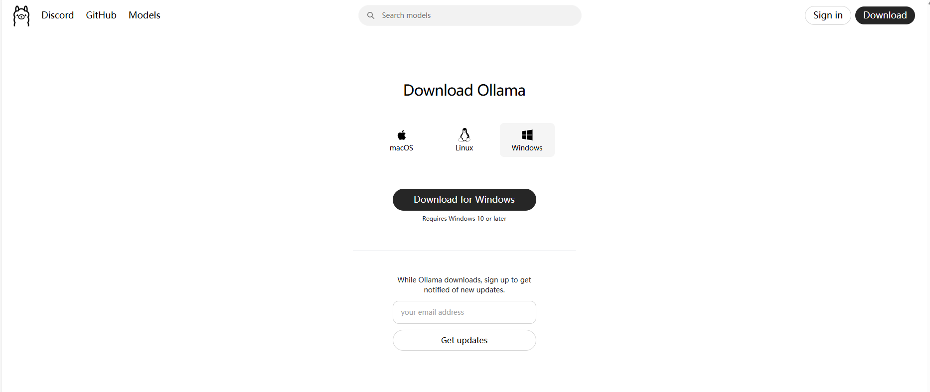 [**配图提示**：Ollama官网首页的截图，用箭头或方框标出“Download for Windows”按钮。]