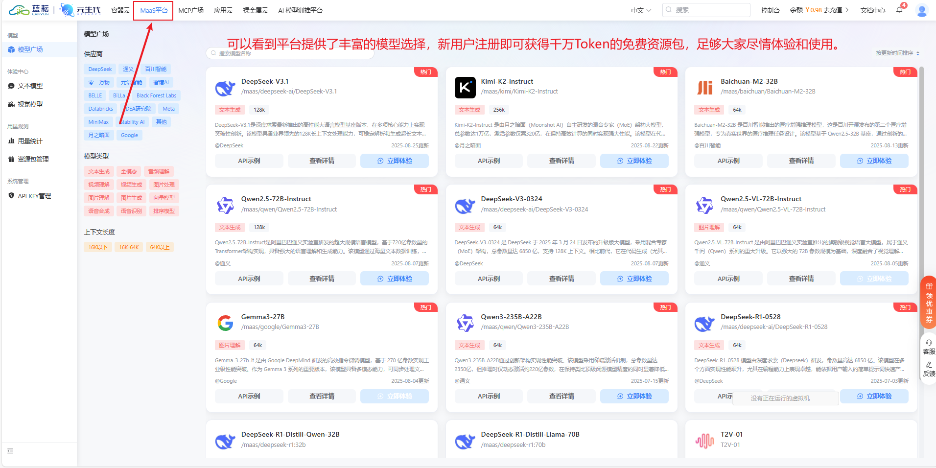 蓝耘MaaS平台模型列表