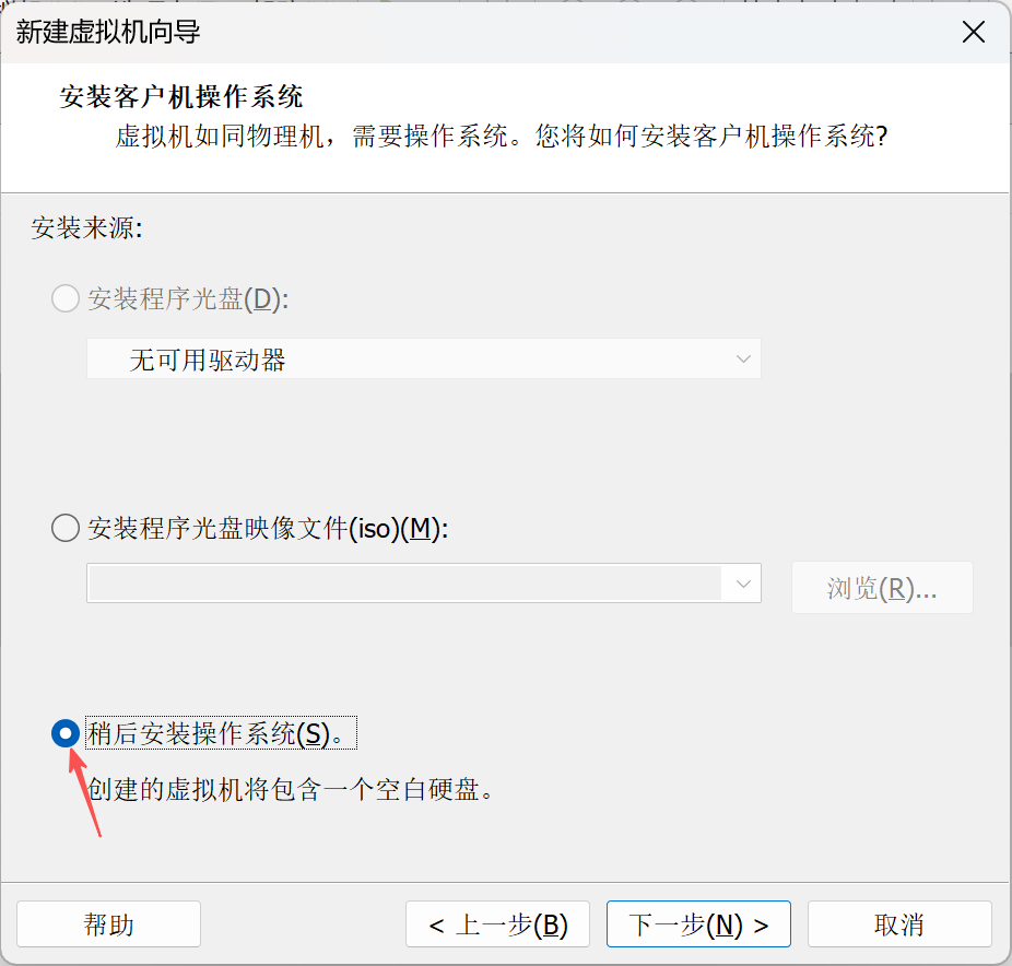 操作系统安装选项界面，选择稍后安装操作系统