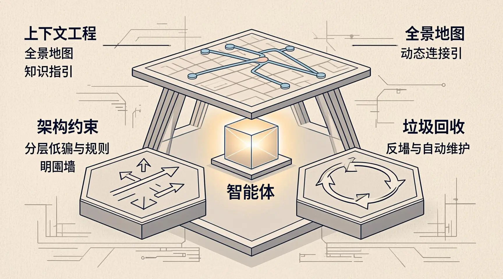 [图2：Harness三大支柱协同图 - 上下文提供知识，约束划定边界，回收保持清洁，三者共同支撑智能体工作]