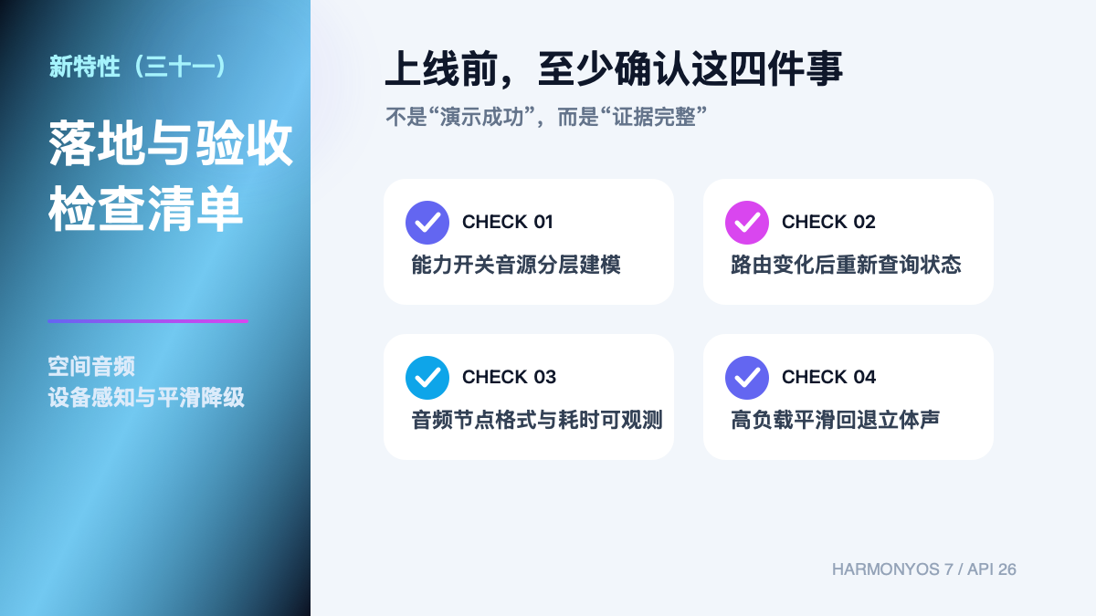 HarmonyOS 7 新特性（三十一）｜空间音频：设备感知、节点图与平滑降级 验收清单