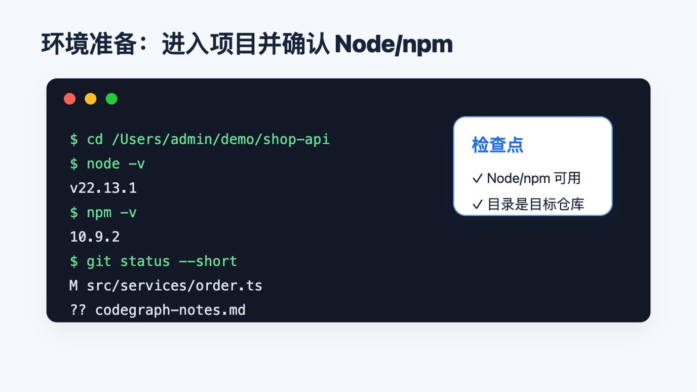 终端进入项目目录并检查 Node/npm 版本
