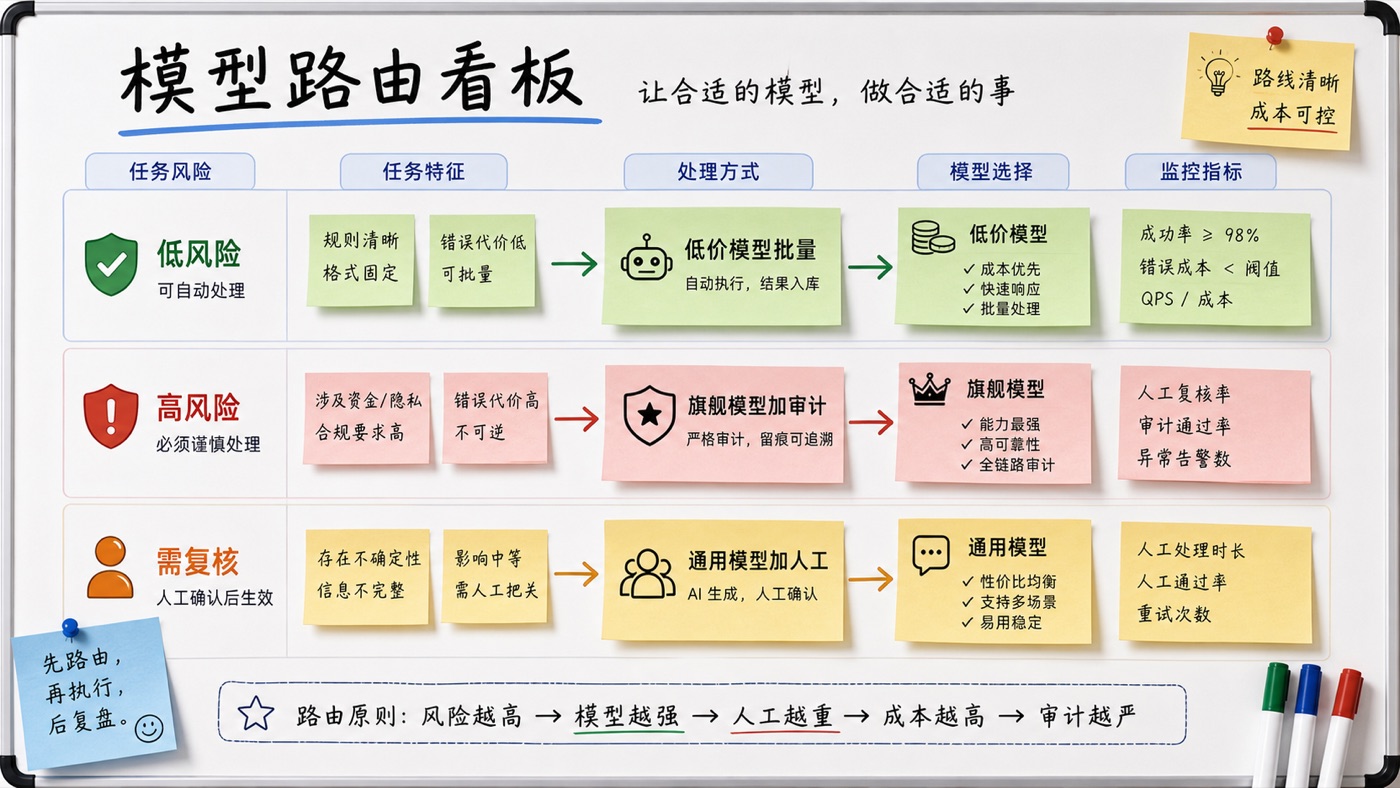 这张图是一张模型路由看板,把低风险、中间任务和高风险任务分别连到不同处理方式。