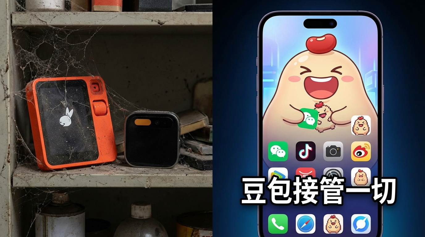 [图片素材建议：一张合成图。左边是吃灰的 Rabbit R1 和 AI Pin，右边是一台普通的手机，屏幕上浮现出巨大的“豆包”虚拟形象，正在接管所有的 App 图标。]